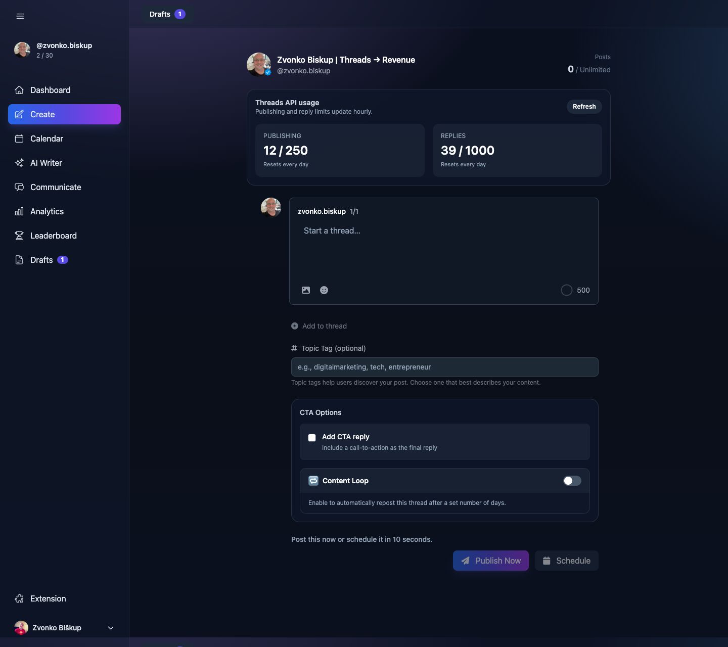MomentumHive Create screen with the publish and schedule actions at the bottom of the composer