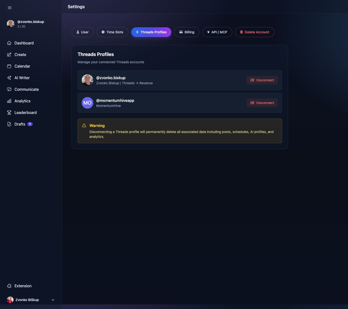 MomentumHive Threads Profiles settings section used for troubleshooting connected account issues
